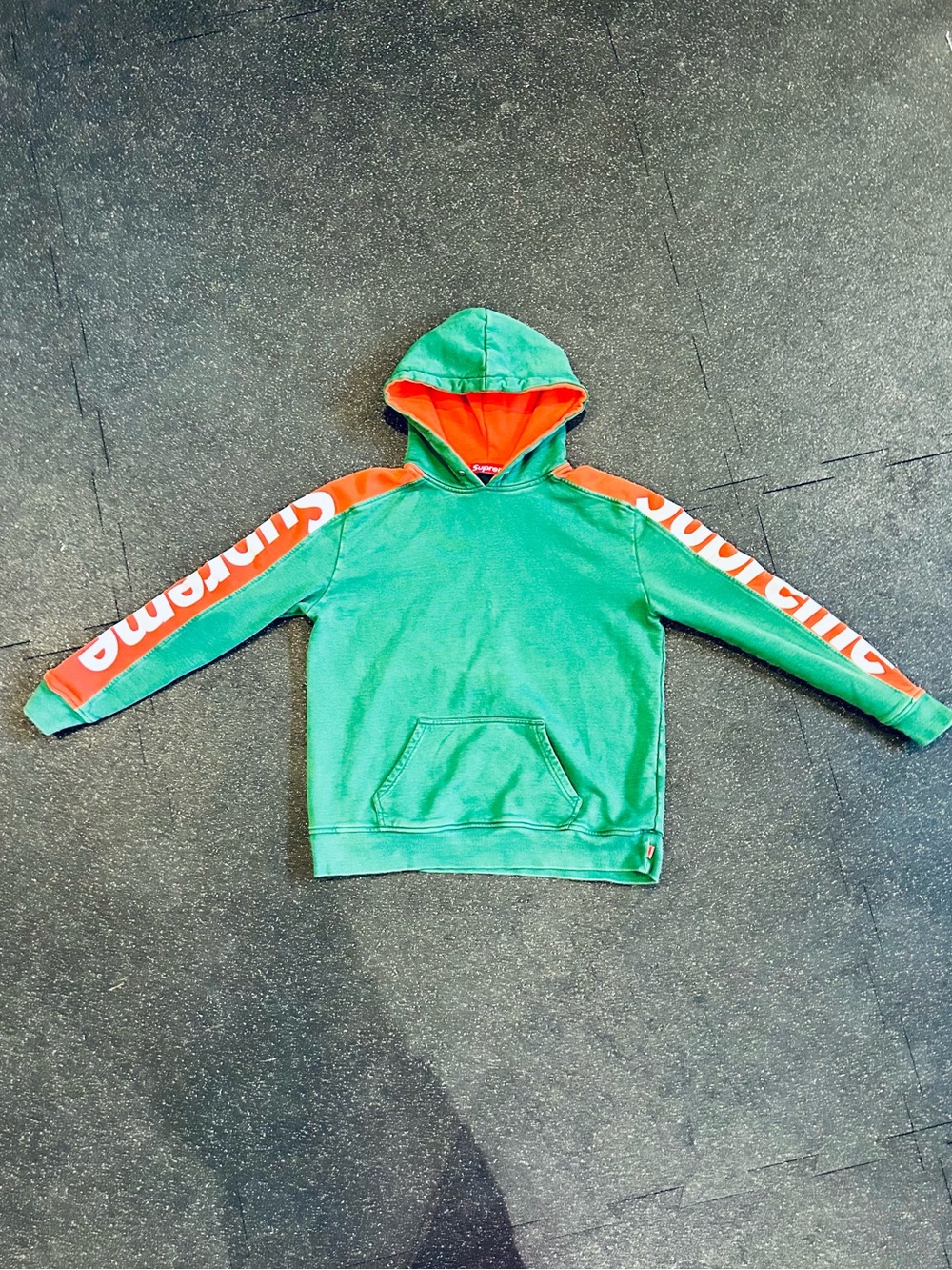 Supreme Green Hoodie with Orange Sleeve Panels fake